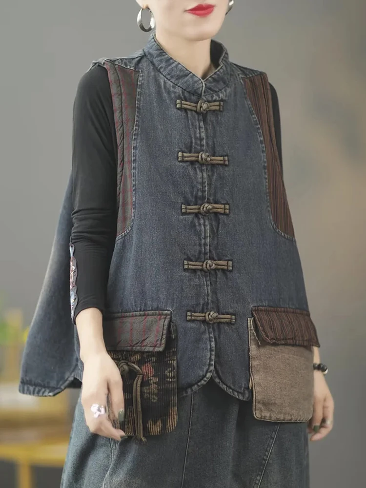 Masss Wasss 2023 Winter Denim Padded Sleeveless Clothes Womens Fashion Chinese Style Loose Vest Ladies Casual Vintage Punk Coats