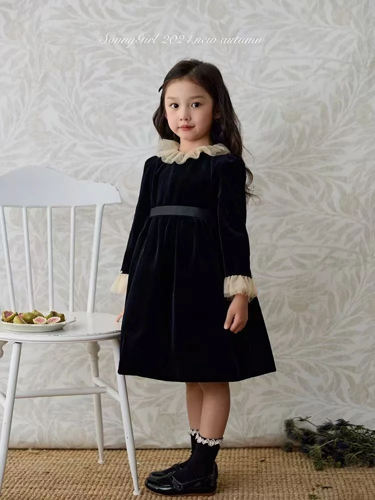 

Girls' French Hepburn style dress new children's Korean version autumn and winter mesh lotus leaf collar velvet princess dress