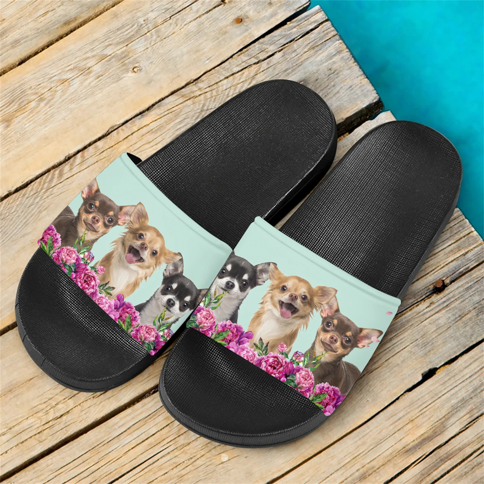 New Soft Sole Sandals Couple Home Outdoor Slippers Summer Chihuahua Printing Unisex Bathroom Bedroom Flat Slides Female Gift