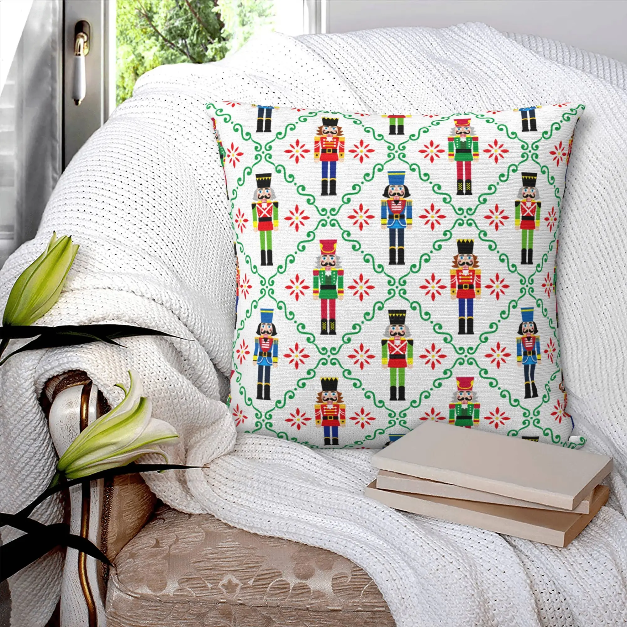 Merry Christmas Nutcracker Pattern Pillow Case 18x18 Inch Winter Holiday Party Cushion Cover Home Car Decoration for Sofa Couch