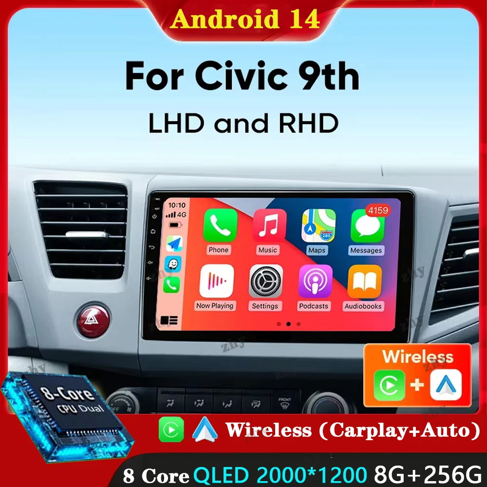 

For Honda Civic 9 2012 2013 2014 2015 2 din GPS Android 14 WIFI Car Radio Multimedia Video Stereo Player Navigation CarPlay WIFI