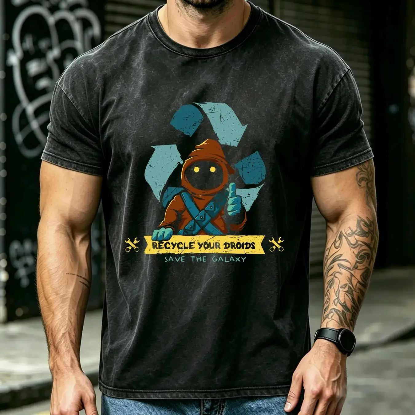 washed T Shirt Save The Galaxy Recycle Your Droids Jawa Peoples Parody Men's long or short sleeves vintage Washed Stylish