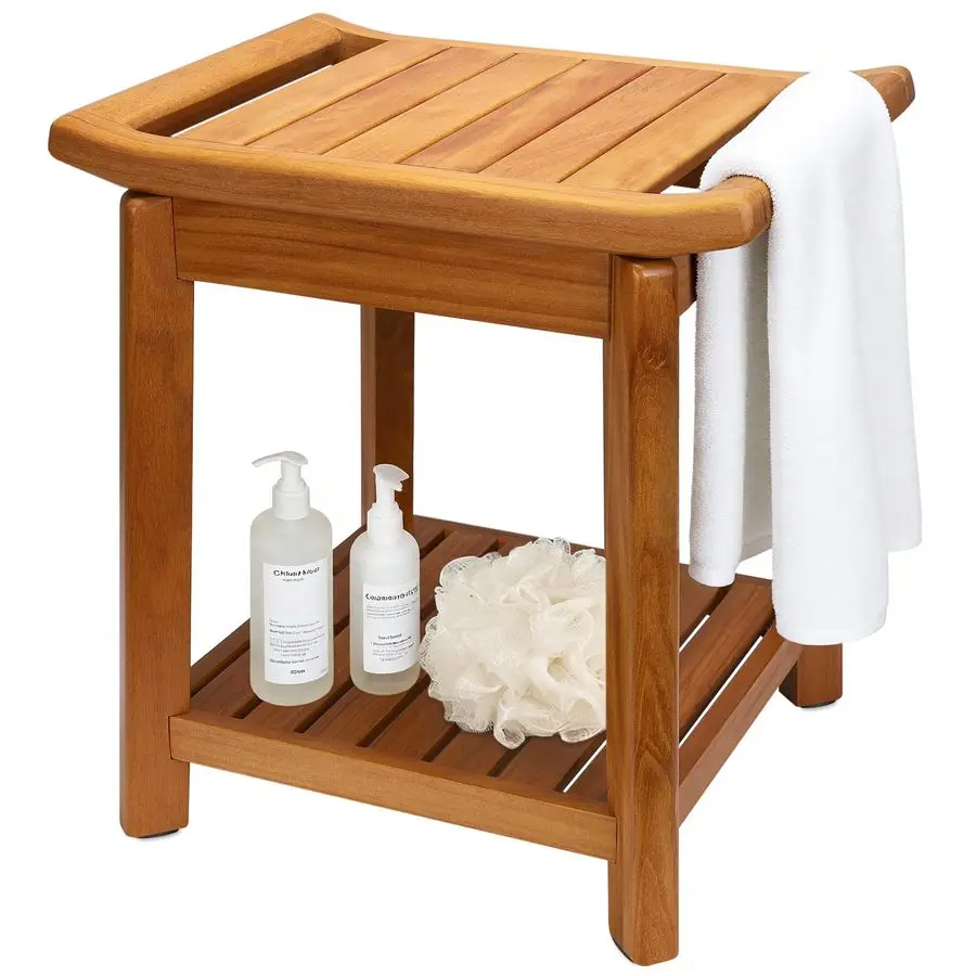 

Teak Shower Chair with Storage Shelf amp Handle, NonSlip Waterproof Wooden Shower Bench, Stable Bathroom Seat and Heavy Duty Sho