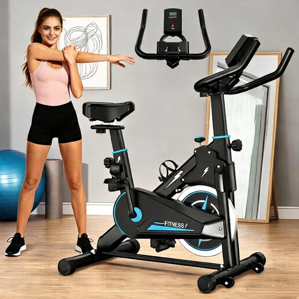 Indoor Exercise Bike with Monitor Adjustable Resistance Comfortable Seat Stable Base Portable Home Fitness Cycle for Daily Workout