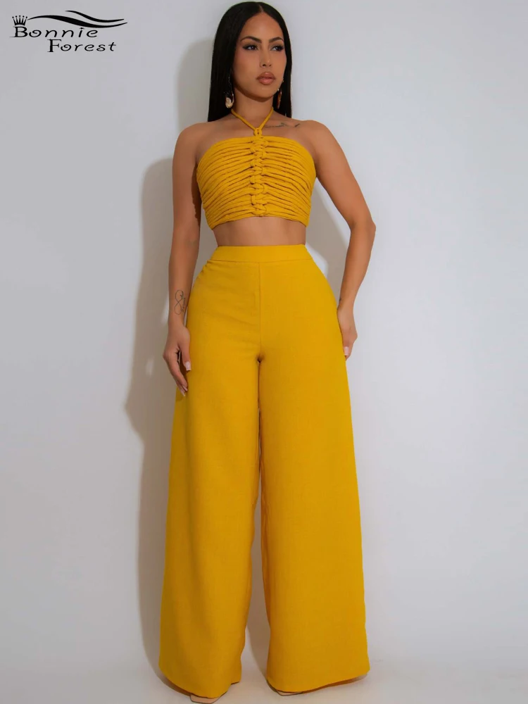 

Bonnie Forest Women's Halter Neck Ruched Crop Top And Wide Legs Pant Set Summer Jogger Suit Set Yellow Outfits Clubwear Overalls