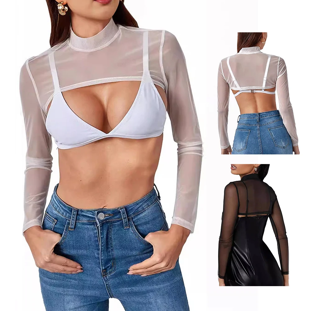 Top corto in rete Top da donna Top corto Gilet ultrasottile Maniche lunghe elastiche Maglia O Collo Spalla Leggero elasticizzato