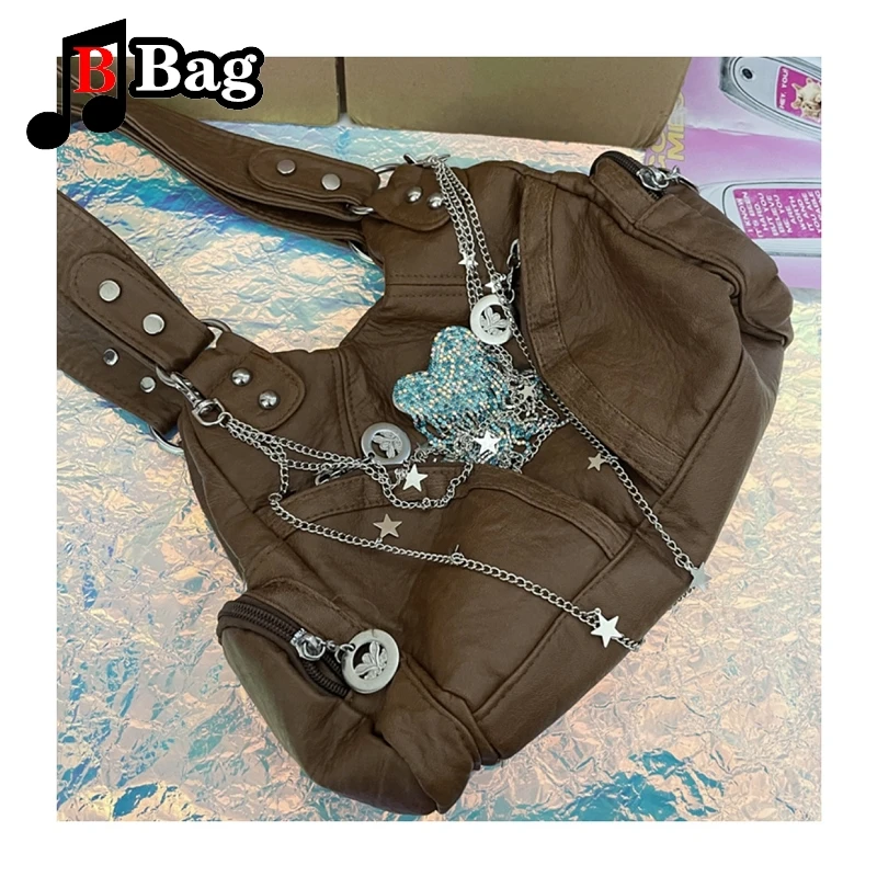 Brown casual pu bag Spice Girl Versatile Harajuku tote Gothic punk woman one shoulder cross body handbag