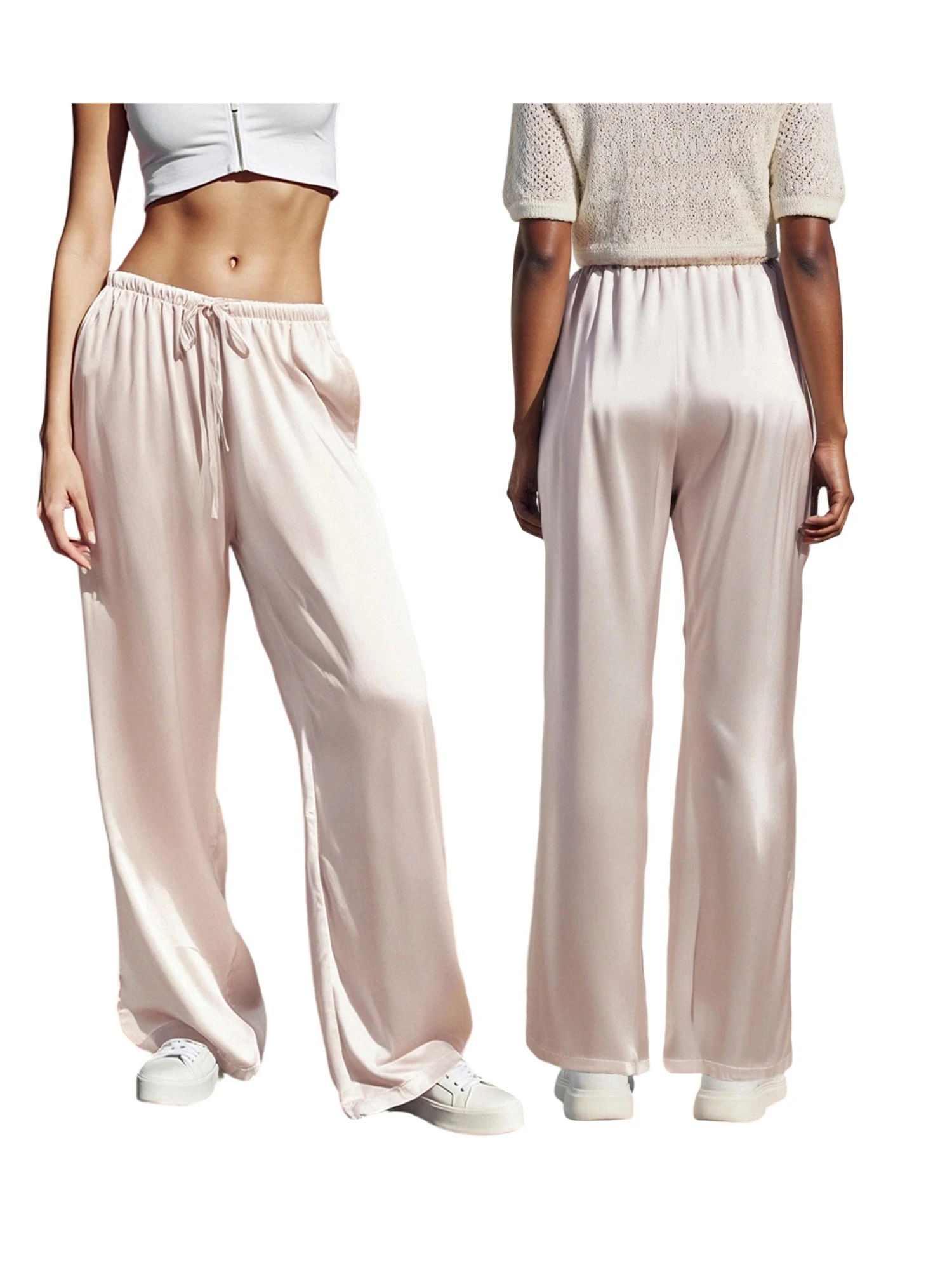 Pantalon Palazzo élégant en Satin avec ceinture élastique et détails plissés, pantalon élégant à jambes larges pour femmes