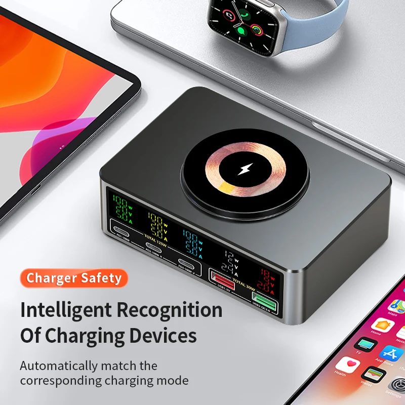 140 Вт GaN USB C Зарядное устройство Настольное беспроводное зарядное устройство типа C 100 Вт PD3.0 PPS QC3.0 Быстрая зарядка для MacBook Tablet Samsung iPhone 17