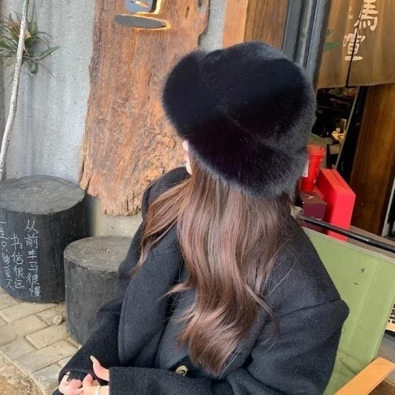 2026 Winter Plush Fisherman Hat for Women Thick Fluffy Fur Ear Protection Windproof Warm Panama Basin Cap Female Headwear