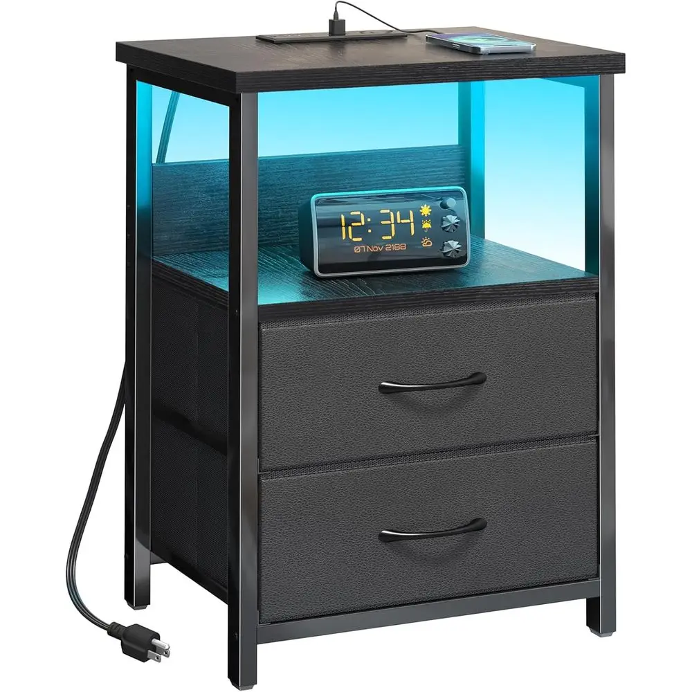 

Night Stand with Charging Station, LED Nightstand with USB Ports and Outlets for Small Spaces, 2 Fabric Storage Drawers, Bed End