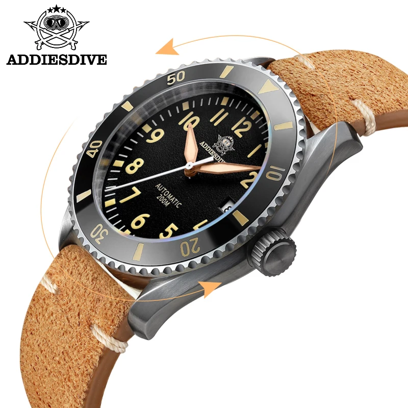 

ADDIESDIVE Men's Watch Sapphire Velvet Band Digital Luminous Retro Brown Leather 20Bar Reloj Hombre NH35 Automatic Watch