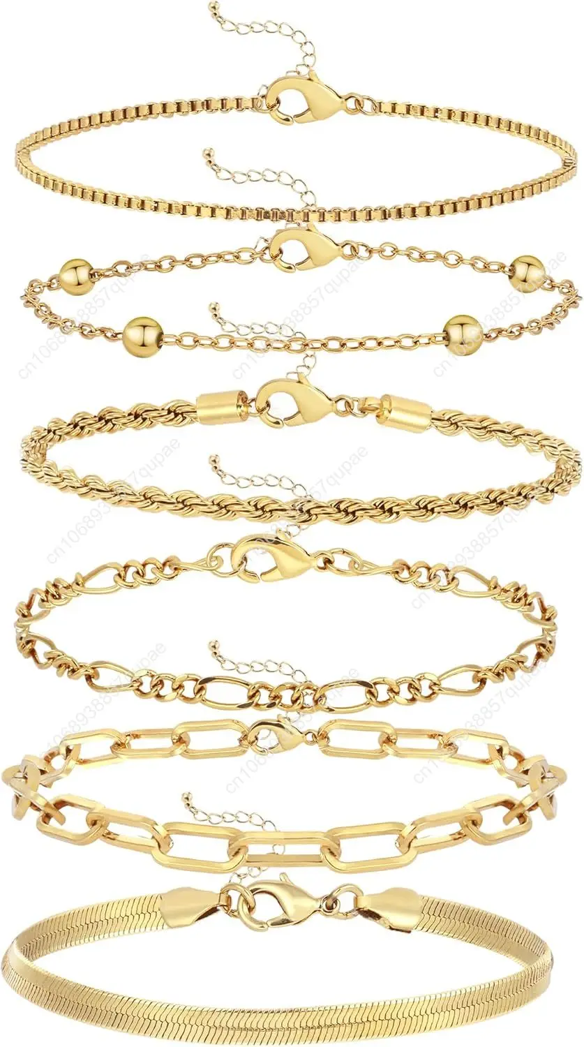 أساور ذهبية مقاومة للماء للنساء، أطقم أساور عصرية مطلية بالذهب الحقيقي عيار 14 قيراط قابلة للتكديس للنساء على شكل شبل رفيع