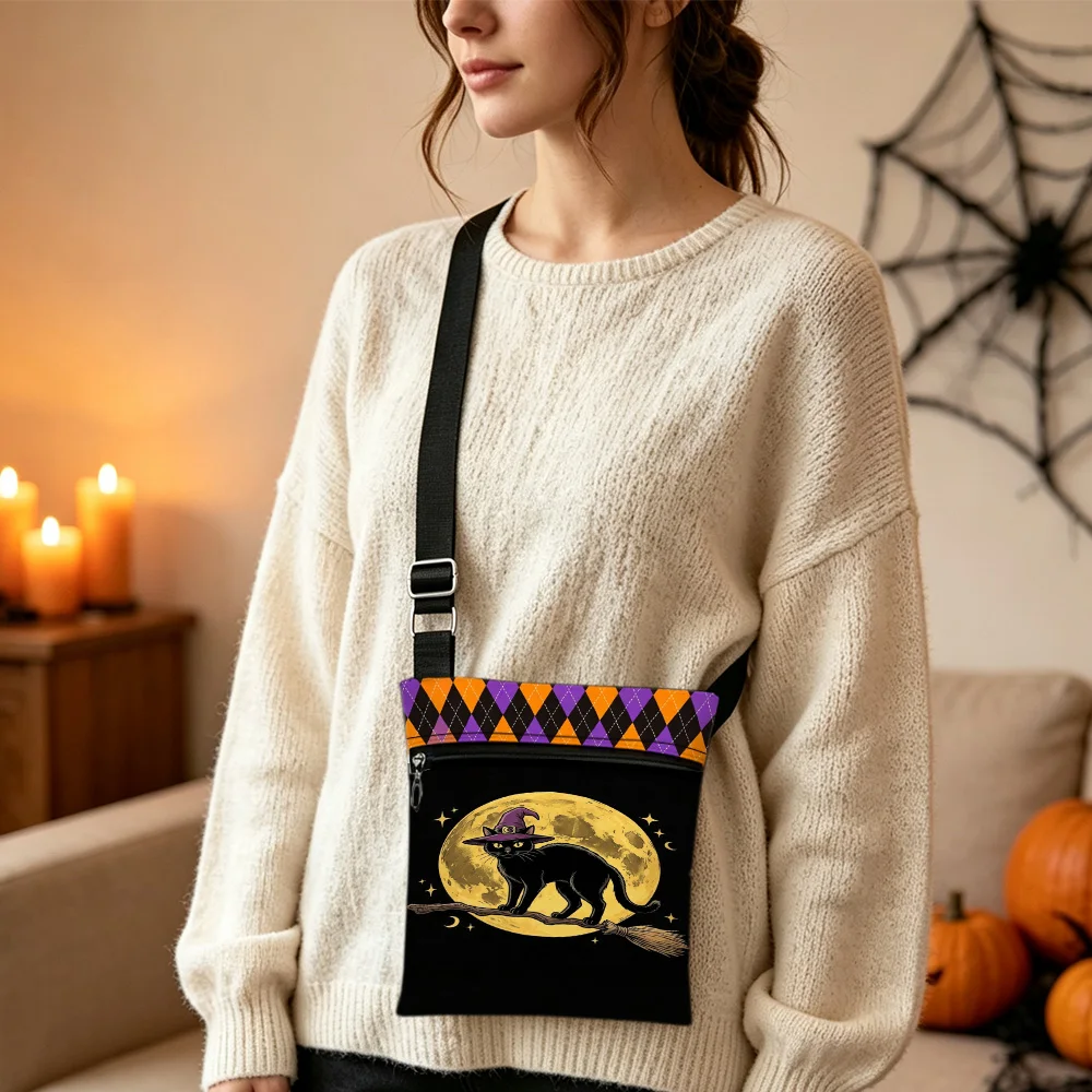 Halloween Cat On Broom Crossbody Bag Portable Mini Phone Pouch with Adjustable Strap Great for Camping Beach Daily Use