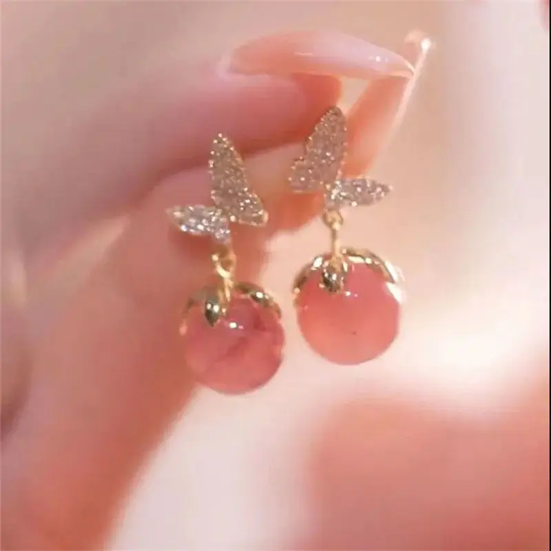 Korean Pink Butterfly Stud Earrings For Women Exquisite Sweet Opal Temperament Earrings Y2K Wedding Jewelry Gift