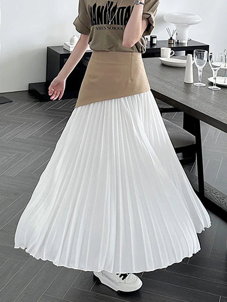 Black White High Waist Slim Fit Patchwork Contrasting Long Pleated Skirts Faldas Largas Vintage Women Mujer Moda