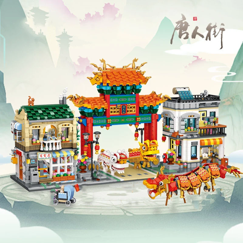 Creative Chinatown 3in1 Street View Mini Block China Festival Celebrations Building Brick Dragon Lion Dance Figures Toys