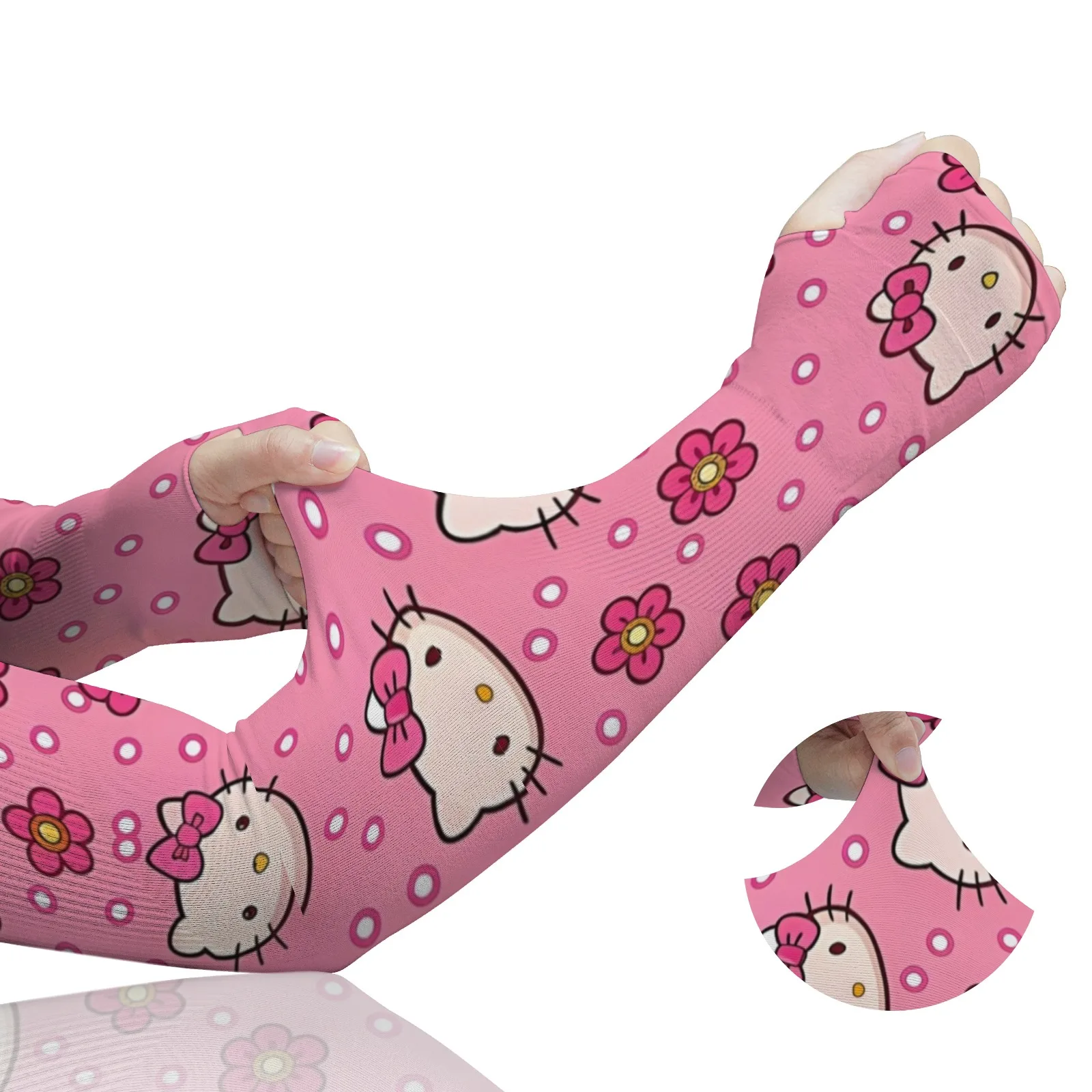 Novedosas mangas de brazo con estampado de dibujos animados de Hello Kitty, protección UV transpirable de seda de hielo rosa claro para la moda diaria y al aire libre