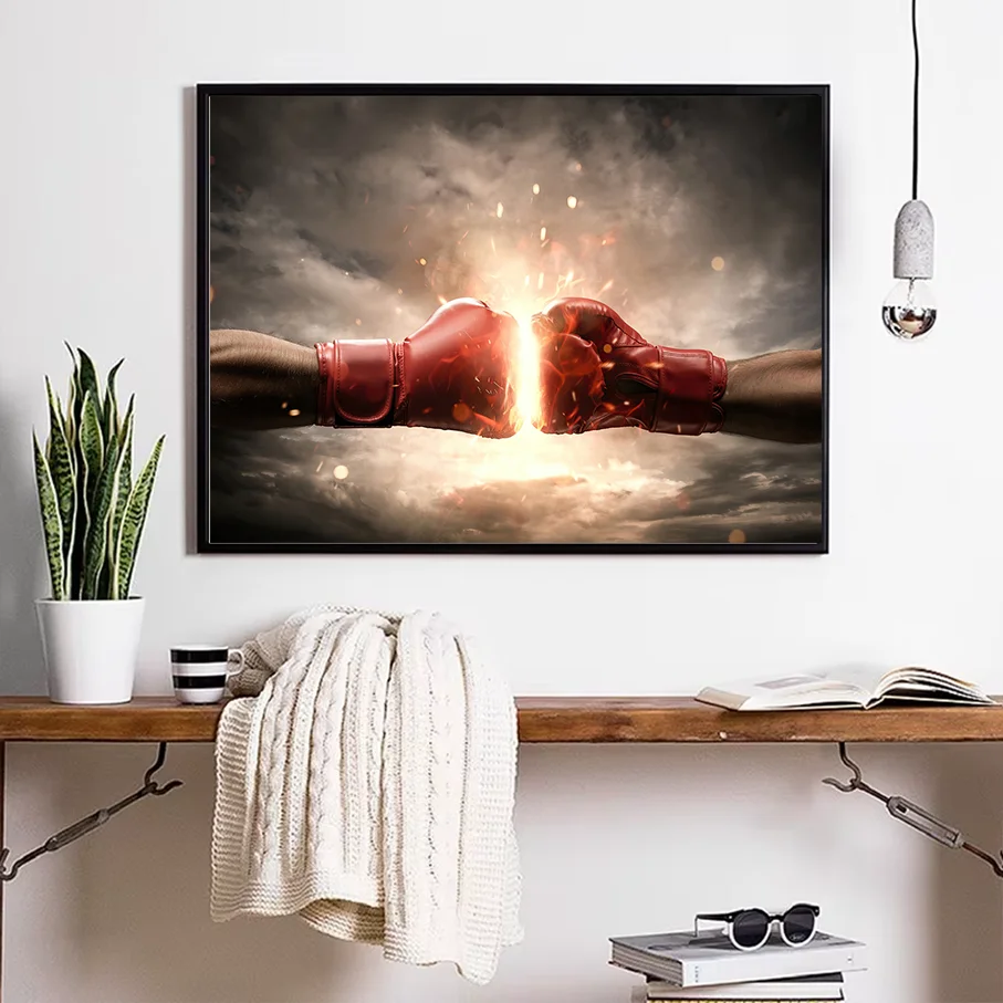 Red Boxing Gloves Fists Bumping Sparks Canvas Wall Art Painting Home Decor Picture Poster for Living Room Gym