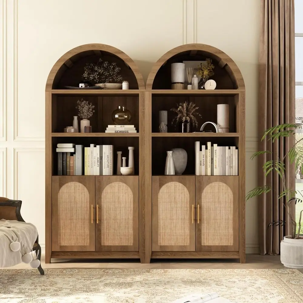 

Arched 69.3 Tall Rattan Display Cabinet, Rounded Bookcase for Storage or Dining Room (Cael Oak, 2 Pieces)