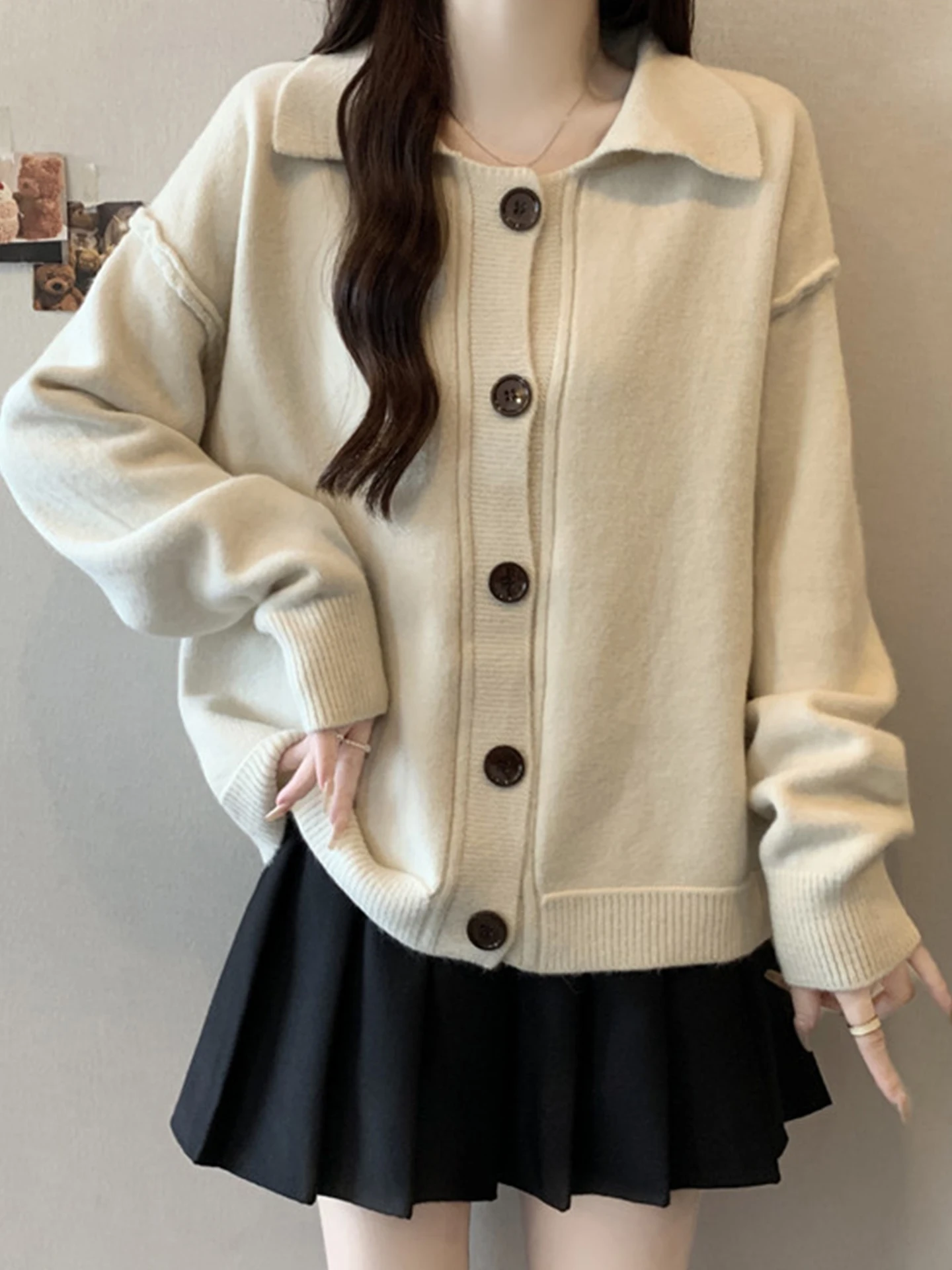 

Женский вязаный открытый кардиган с воротником, свободный крой, осенне-зимний теплый свитер, джет, большой размер, удобная верхняя одежда