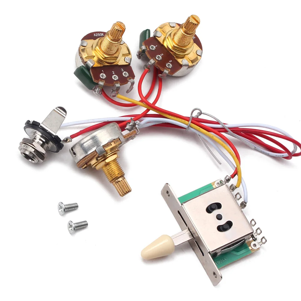 Zestaw okablowania do gitary elektrycznej, 5-pozycyjny przełącznik, 1 potencjometr głośności, 1 potencjometr tonu 250K, wstępnie okablowany, metalowe elementy, wytrzymały, niskie opory.