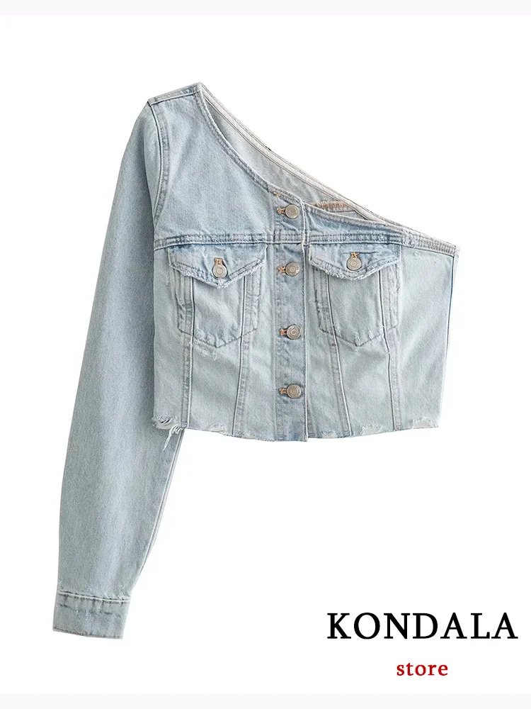 KONDALA Sexy Chic Women Solid Tops Denim Long Sleeve Asymmetrical Single Rotator Cuff Tops New Fashion 2023 Autumn Casual Tops