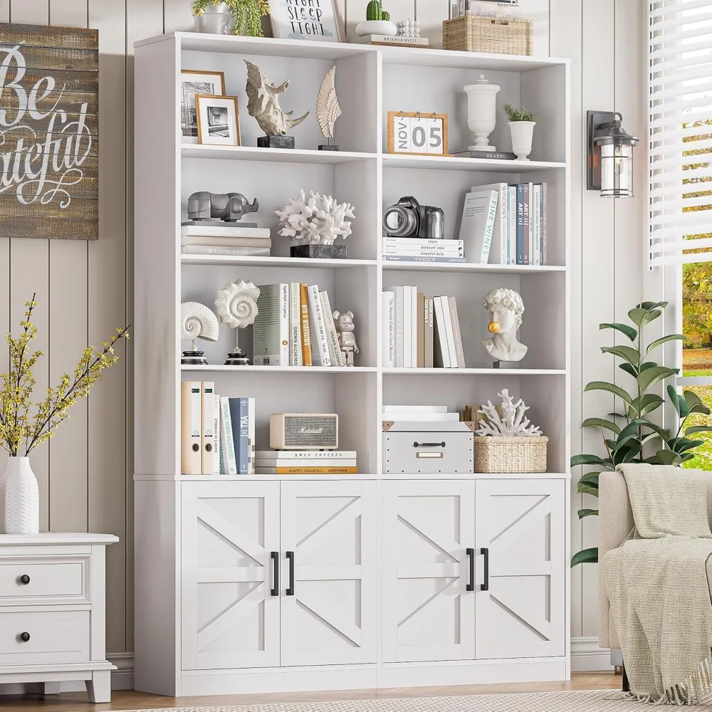Large 6-Tier Modern Floor Standing Bookshelf with 4 Doors and Storage Cabinets