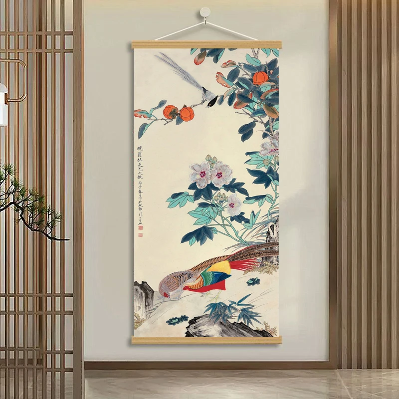 Vibrant flower and bird paintings, persimmons, golden chickens, Chinese auspicious paintings, art prints, hanging paintings