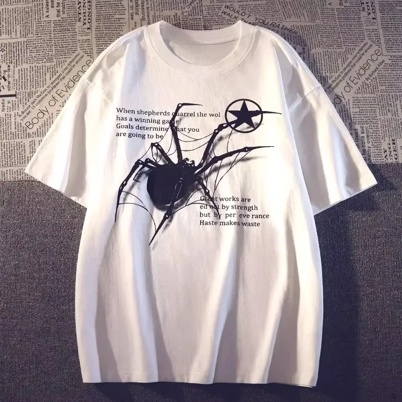 Y2K Korean Streetwear Spider Graphic Harajuku Egirl Grunge Aesthetic Round Neck Trendy Short Sleeved Top Women's Summer Clothing