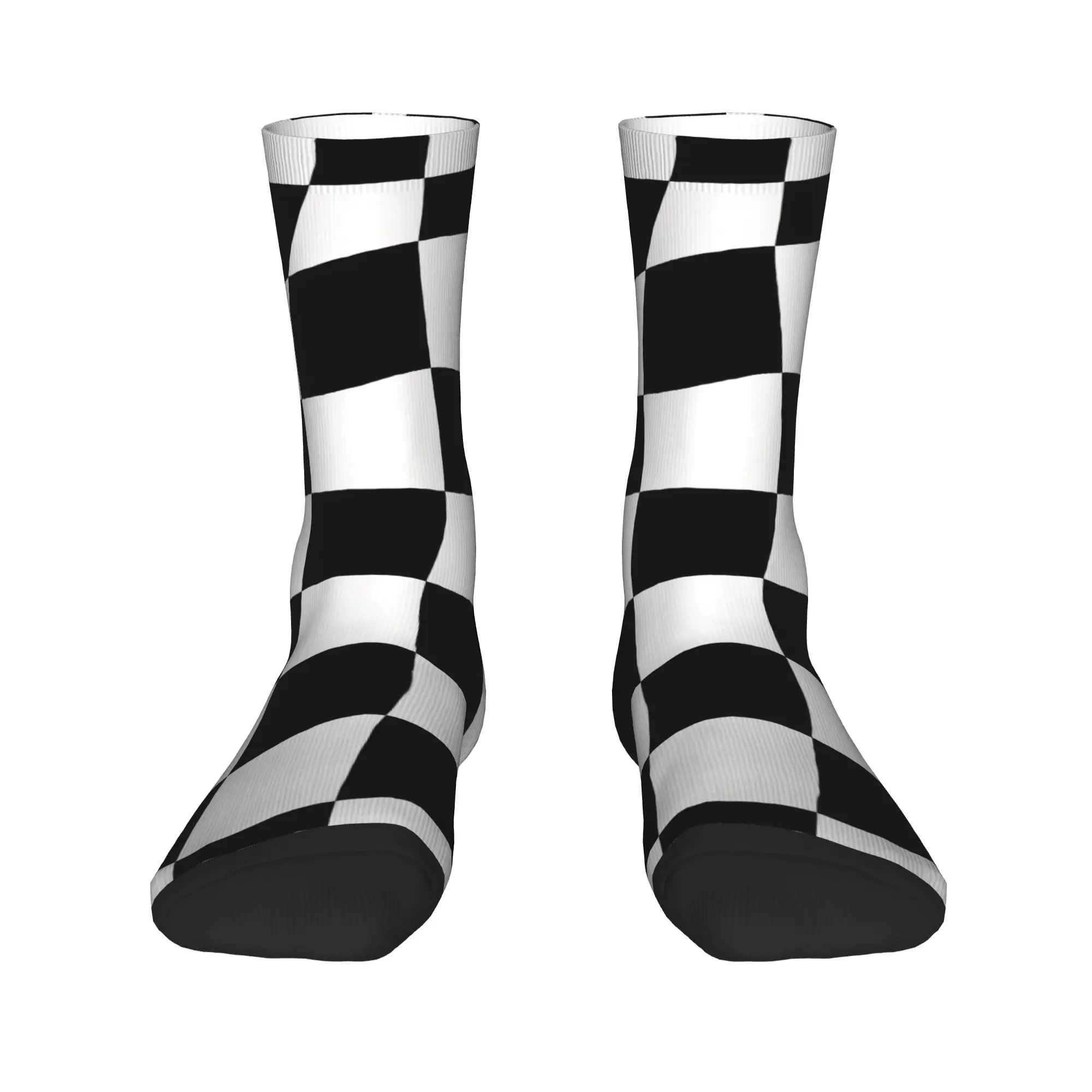Black and white check Socks  Non Slip Stockings Women Men Warm Soft Cycling Socks Autumn Retro Design Socks