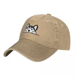 Cute Siberian Husky Baseball Cap peeking dog Casual Men Washed Trucker Hat Sun-Proof Custom Logo Outdoor Sports Snapback Cap