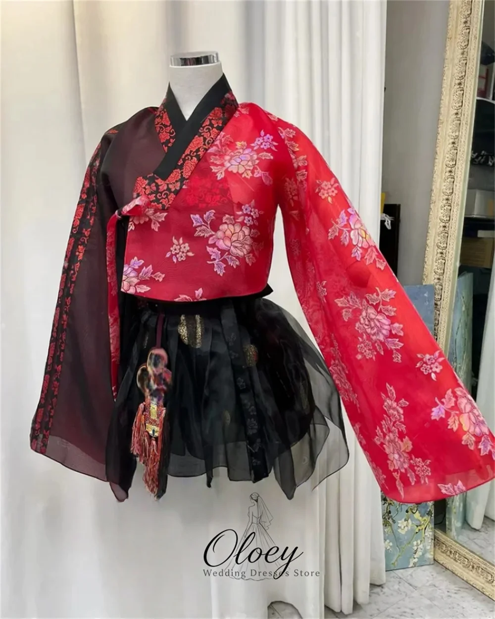 OLOEY Modern Hanbok Multi Color V Neck Long Sleeve Korea Performance Gown Floral Print A-Line Mini Party Dress Customized