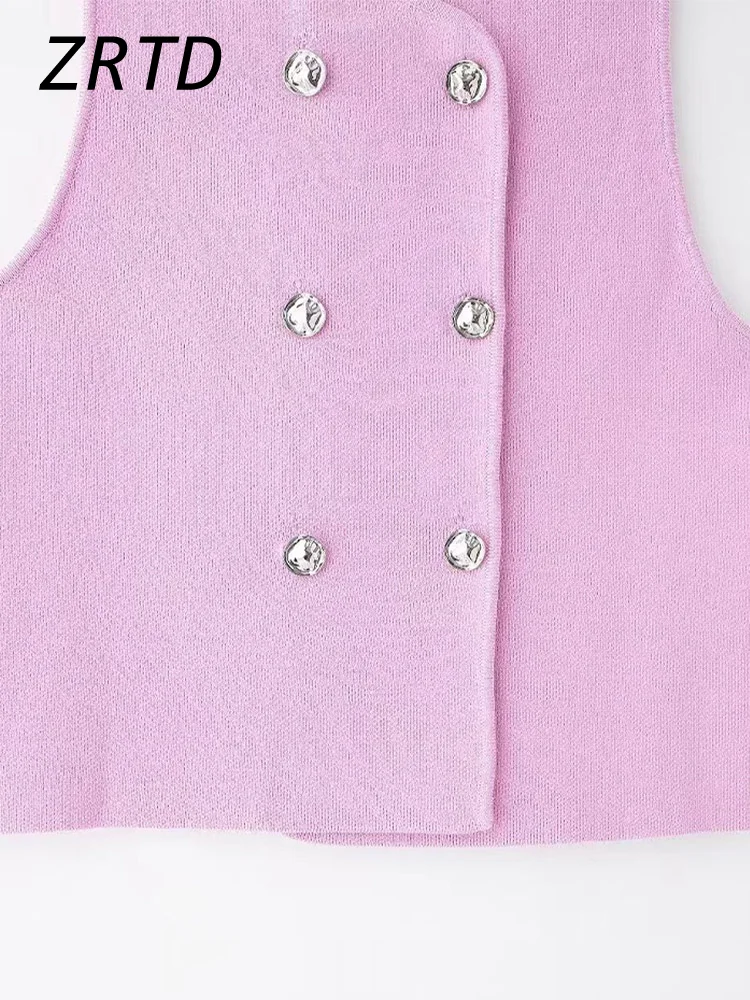 Casual Knit Pink Crop Vest Women Slim O-neck Sleeveless Double Breasted Waistcoat 2024 Summer Autumn Lady High Street Tank Tops