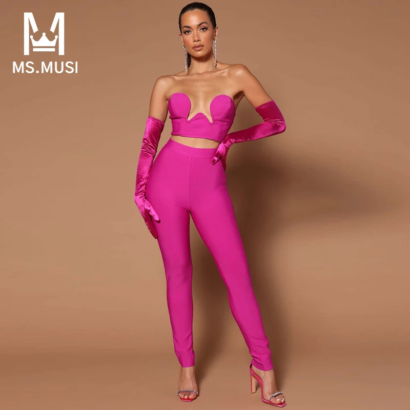 

MSMUSI 2023 New Fashion Women Sexy Strapless Three Piece Set Bodycon Party Sleeveless Top Pencil Long Pant Set Suit With Glove