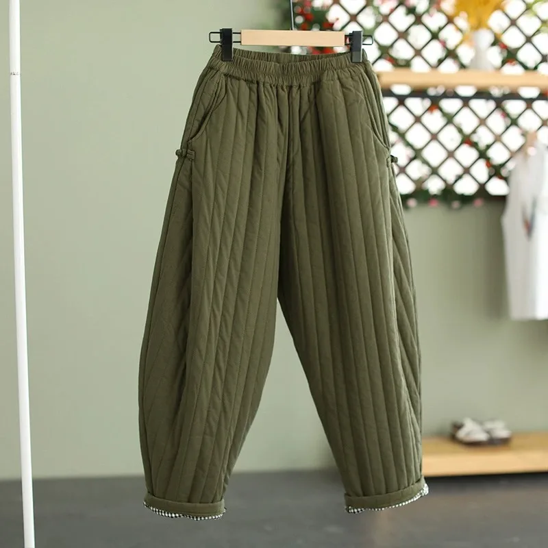Japanese winter warm disc buckle cotton Harlan pants wear thickened retro cotton pants women