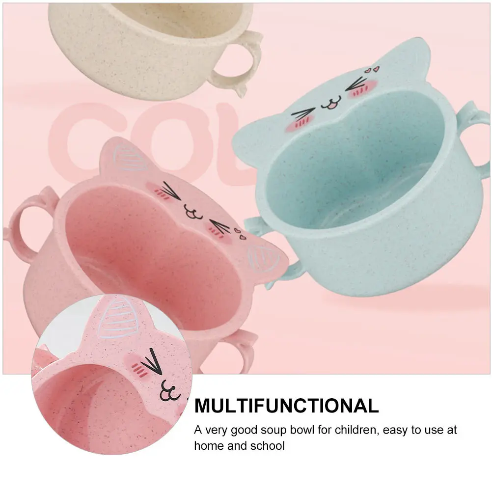 

3Pcs Kids Tableware Cartoon Cat Shaped Bowls Durable PP Wheat Straw Material Double Handle Children Soup Serving Bowls