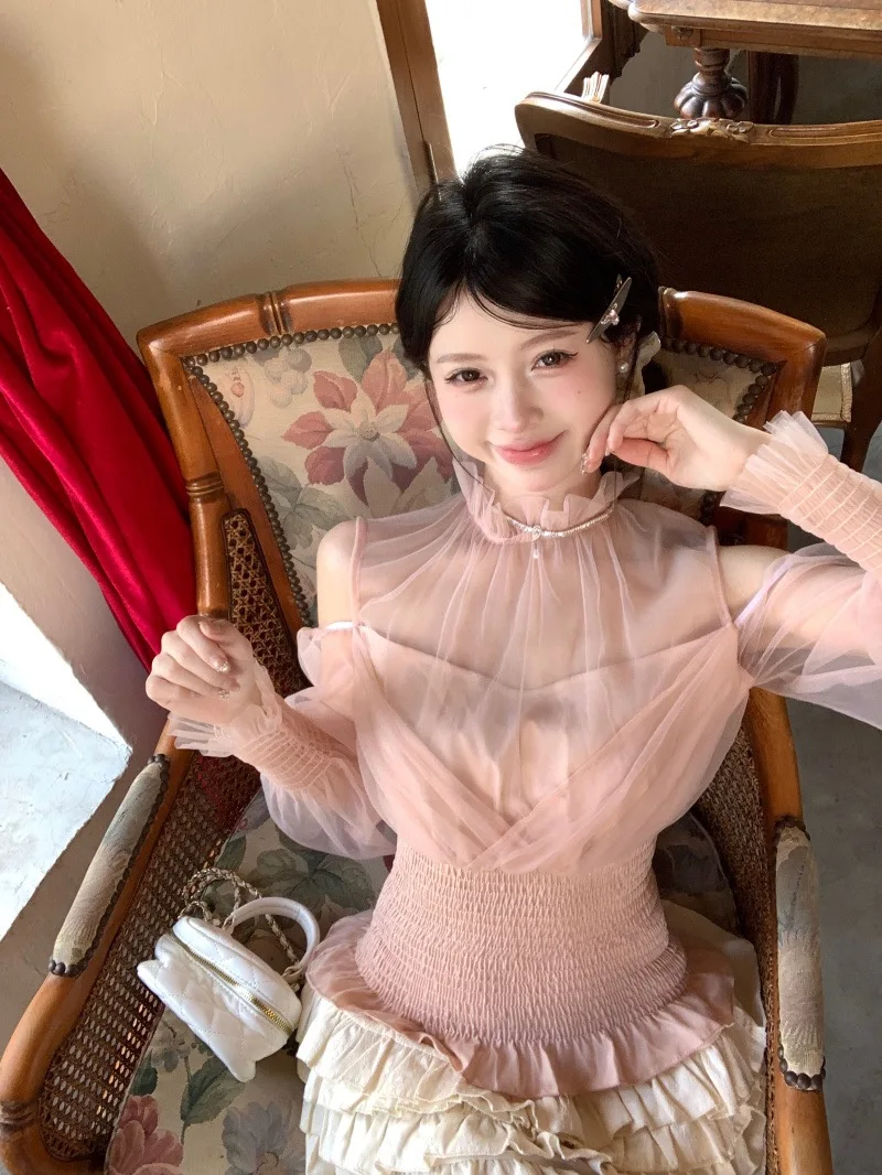 

Женский шифоновый топ с открытыми плечами и длинными рукавами, приталенный, для повседневной носки, весенний, Pure Desire