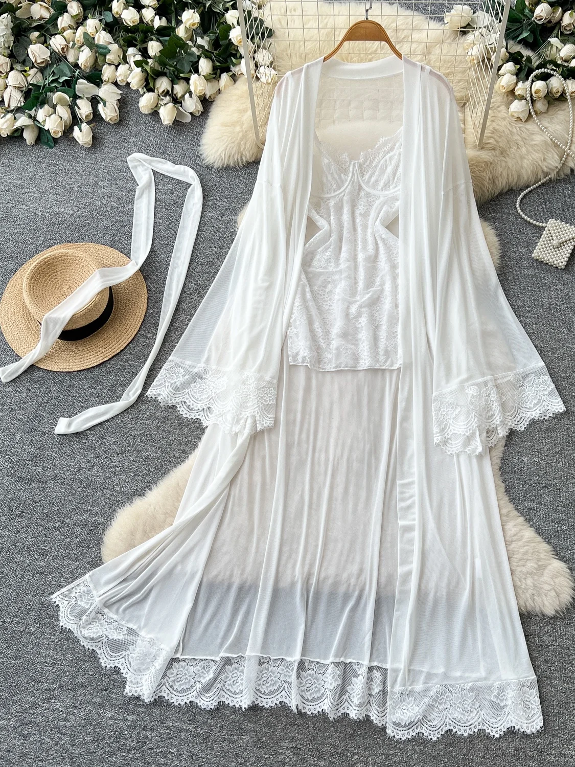 Red Lace Strap Dress Two-Piece Set Women's Long Sleeve Cardigan Outerwear Slimming Robe Set High-End Feelings Fashionable Ens...