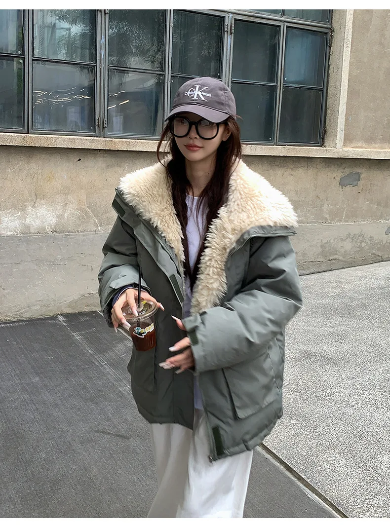 Women  Lamb Shearing Parkas Coats Solid Overcoat Big Turn Down Fur Collar Zipper Thick Loose Fit Casual Office Lady Winter 2025