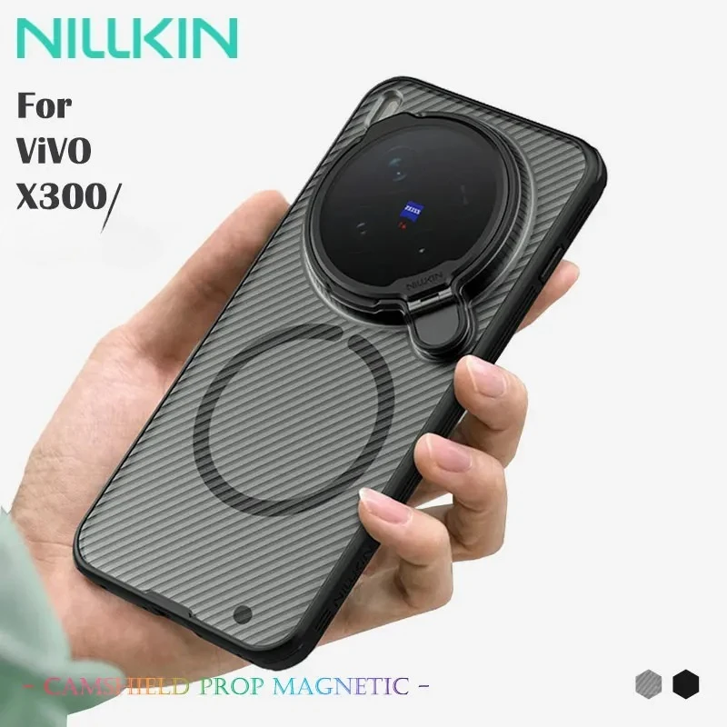 NILLKIN pour Vivo X300 CamShield Prop étui magnétique, support de téléphone avec couvercle d'objectif rabattable, Compatible MagSafe, Airbag 4 coins