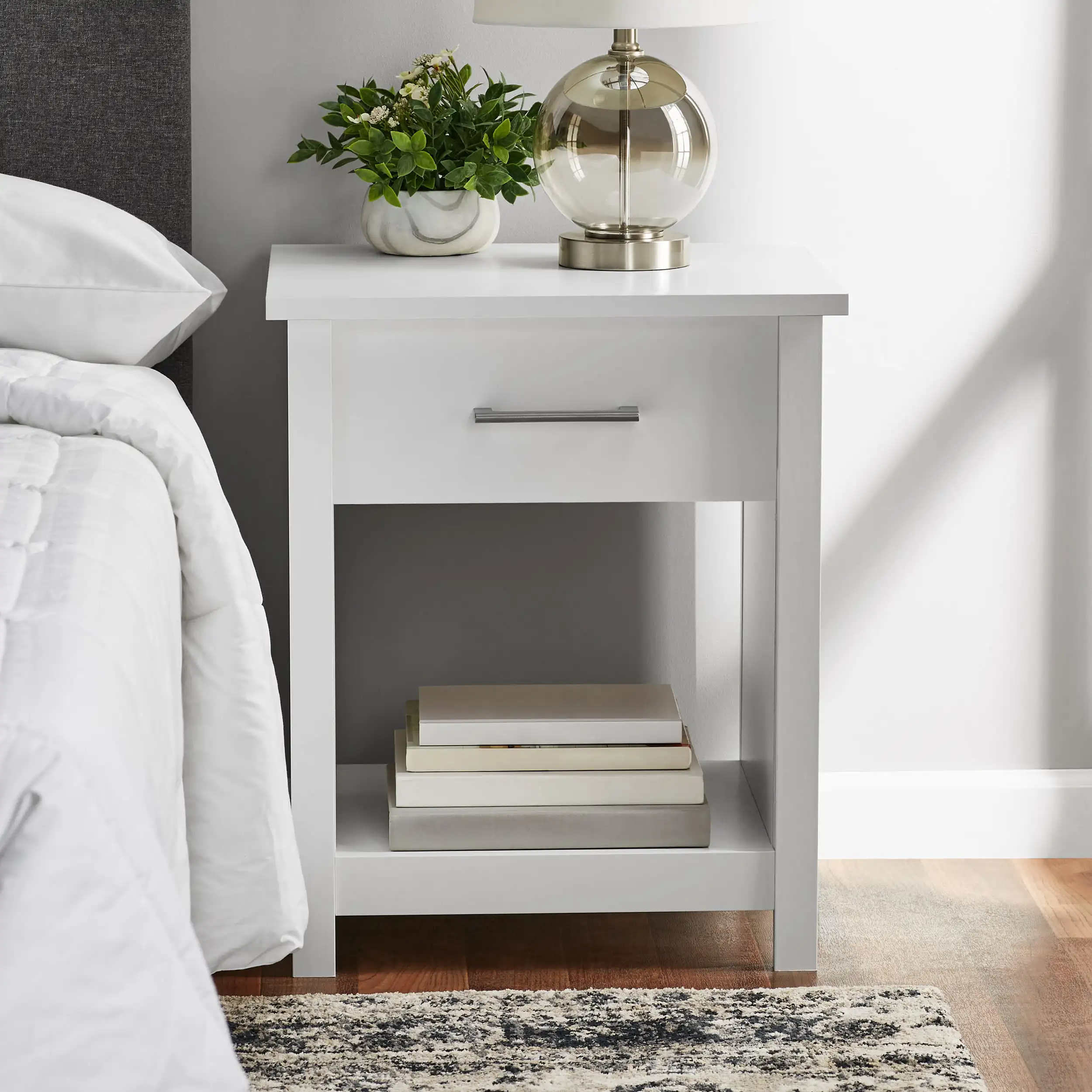 

Modern Hillside Nightstand with Drawer, White Finish