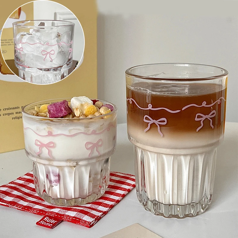 

Cute Glass Cup Milk Coffee Glass Mug Water Cup Cartoon Bow Glass Cup Striped Cute Doodle Mug Fruit Tea Lemonade Cup Girls Gift
