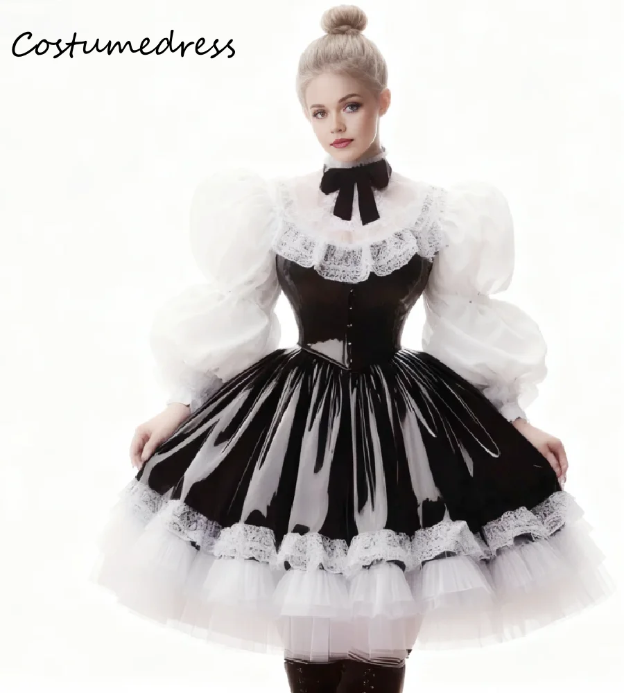 

Luxury Pvc Costume Evening Dress 2026 Puff Sleeve A Line Frilly Short Prom Dress Cosplay Maid Witchy Dress Sexy Gothic Lolita