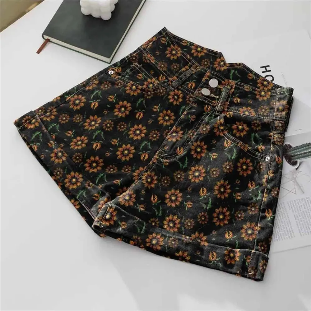 Flower Print Jeans Shorts Women High Waist Y2k Casual Korean Harajuku Streetwear Vintage Aesthetic Techwear Denim Shorts Female