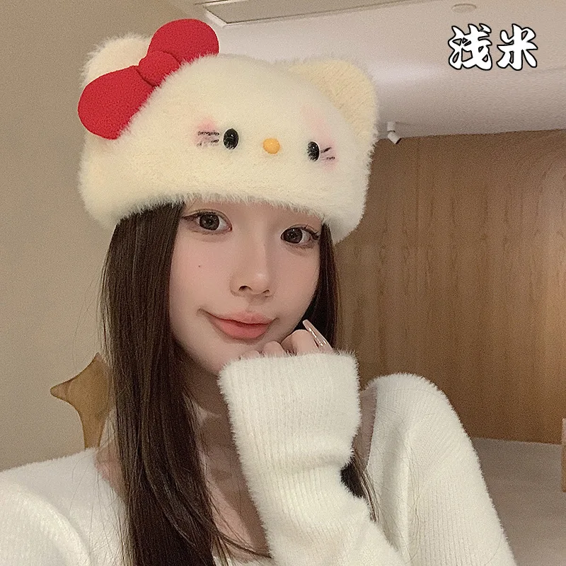 

Autumn and Winter Hello Kitty Cute Beret Female Cute Kitten Ear Hat Hand Knitted Furry Warm Artist Hat Women's Gift