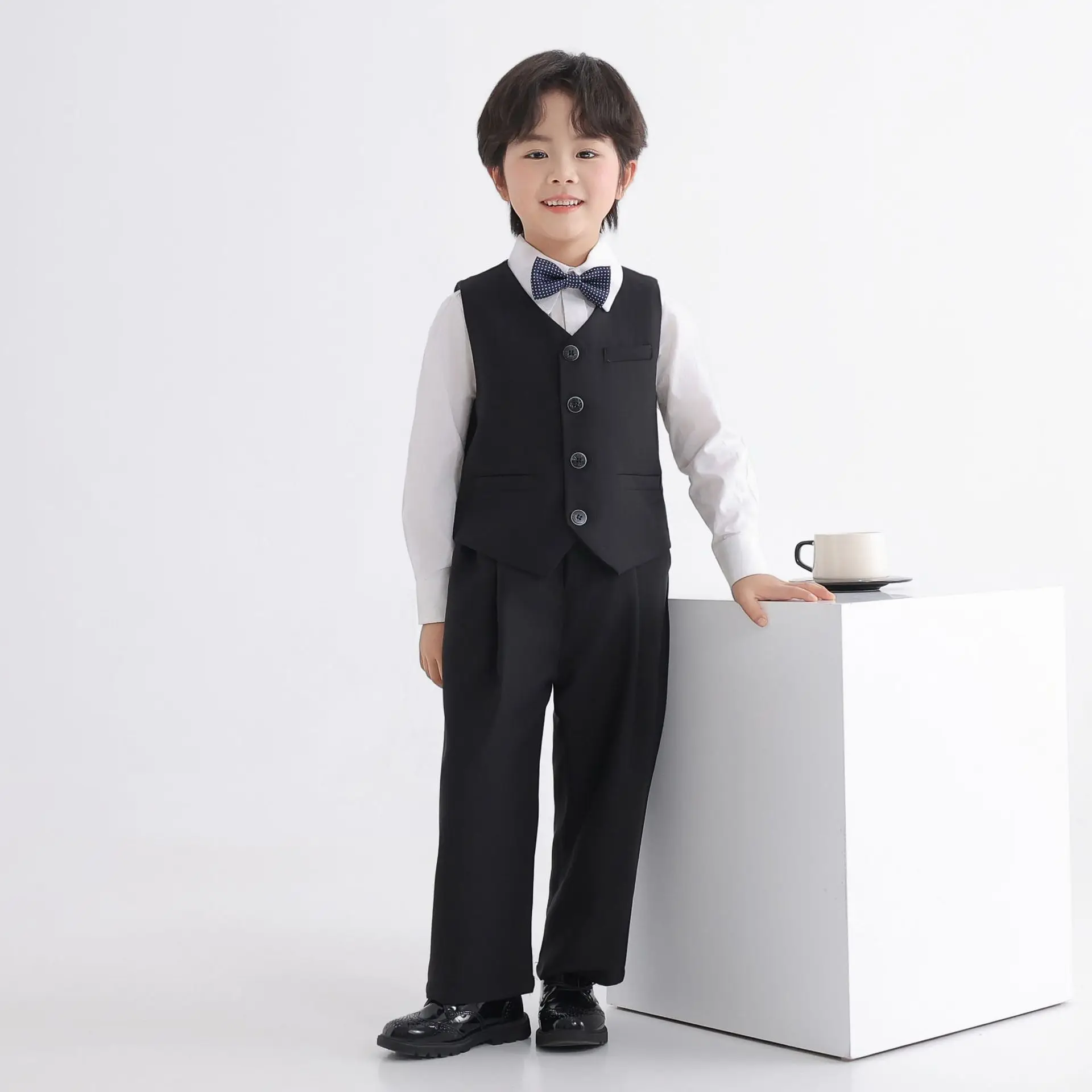 Conjunto de Traje Formal Preppy para Niños, Chaleco Negro, Pantalones, Camisa, Corbata, Disfraz para Actuaciones Escolares, Ceremonia de Graduación