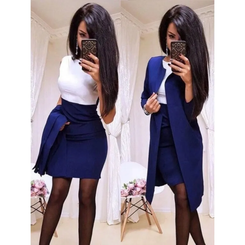 Stitching Blazer Sets Long Coat Sets Business Women Dress Suits Solid Color Cardigan High Waist Dresses Sets