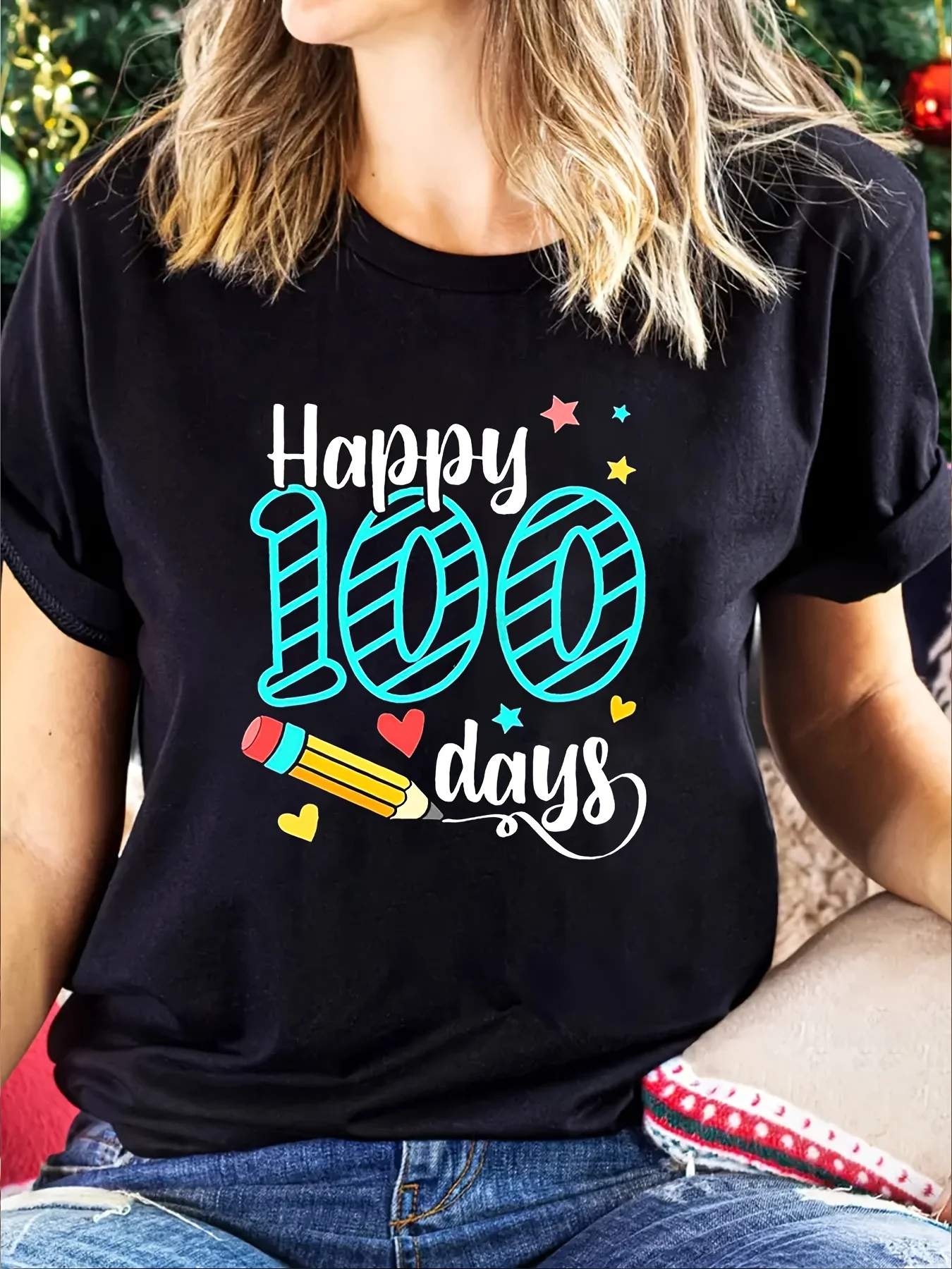 100 Days of School Learning Laughs Letter Print Women's T-Shirt Funny Cute Shirt Tops Teacher Summer Outfit Tee Women's Clothing