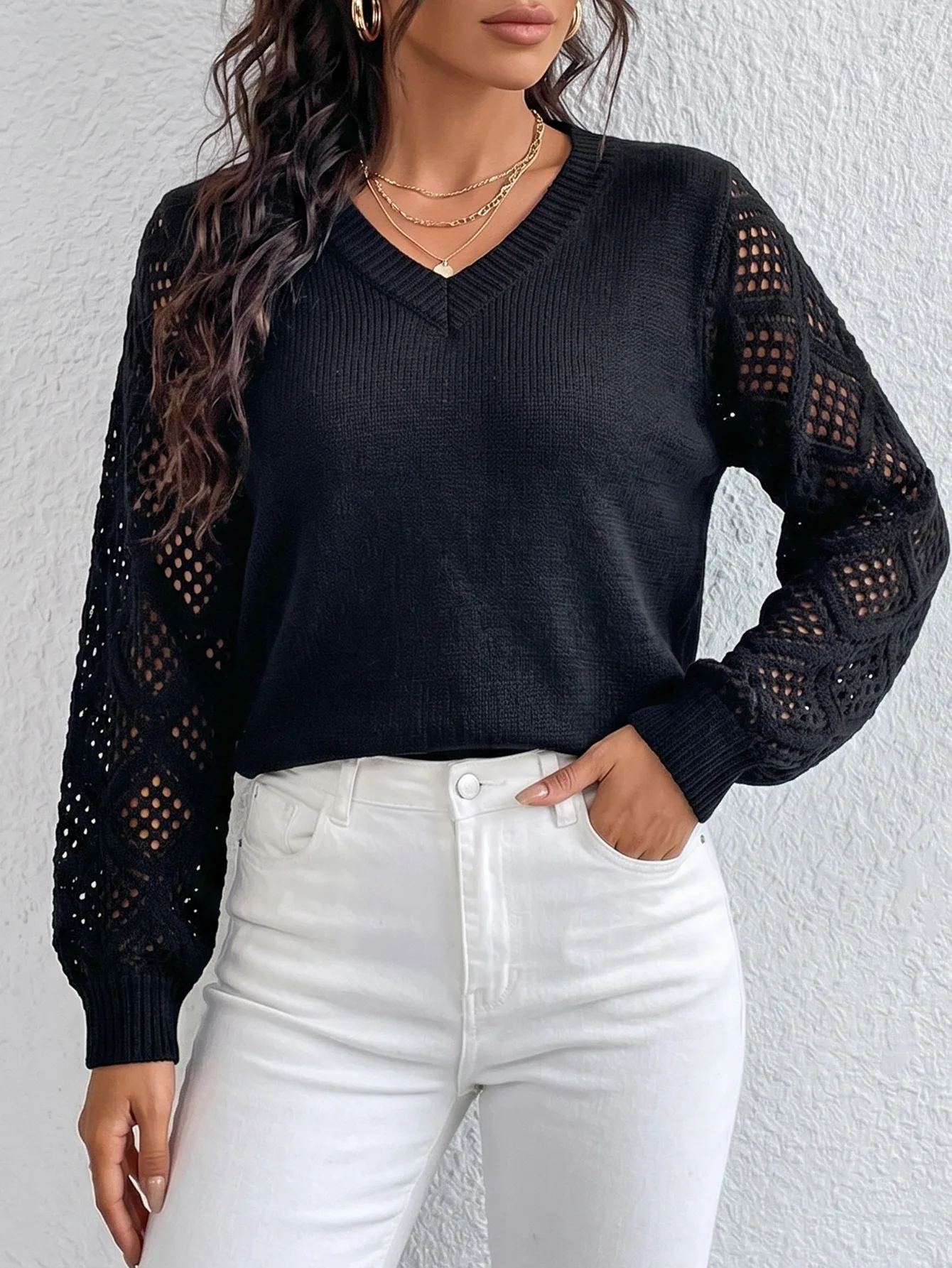 Women Autumn Solid Color V Neck Diamond Hollow Out Long Sleeve Knit Top, Loose Breathable Versatile Knit Basic Shirt